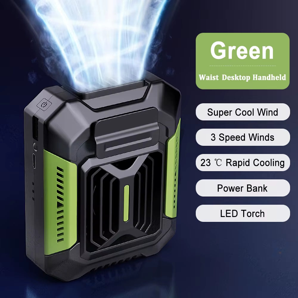 Waist Clip Fan Portable Fan 4000Mah USB Rechargeable Fan 3 Speeds Hanging Neck Fan with Power Bank LED Light Outdoor Camping Fan